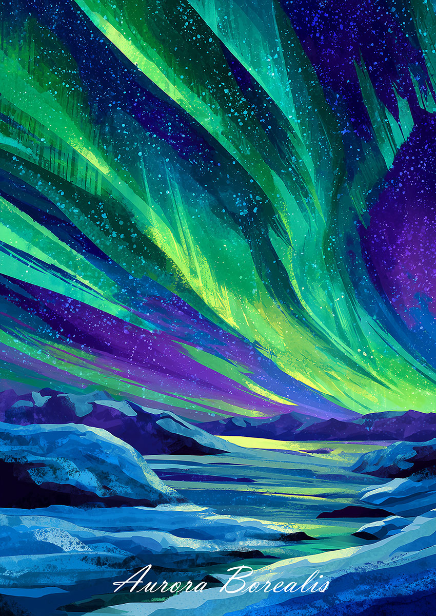 Dramatic artwork of Aurora Borealis with vibrant greens and blues in the night sky.